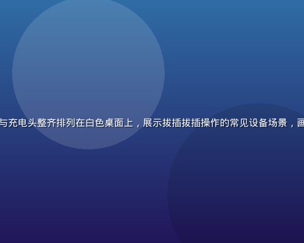 各类USB接口、数据线与充电头整齐排列在白色桌面上，展示拔插拔插操作的常见设备场景，画面明亮简洁，专业感强烈